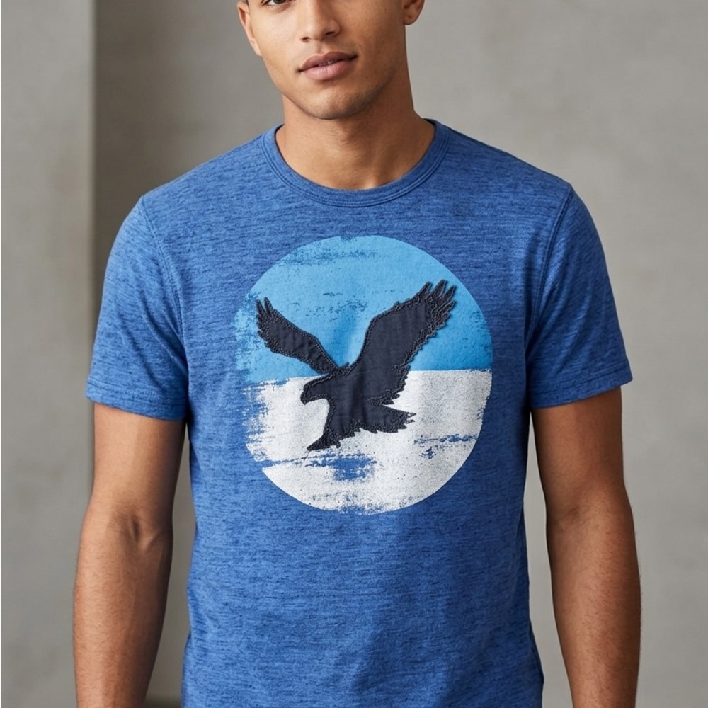 American‎ Eagle Men's Blue Marled Knit Graphic T-Shirt Eagle Logo Size Large